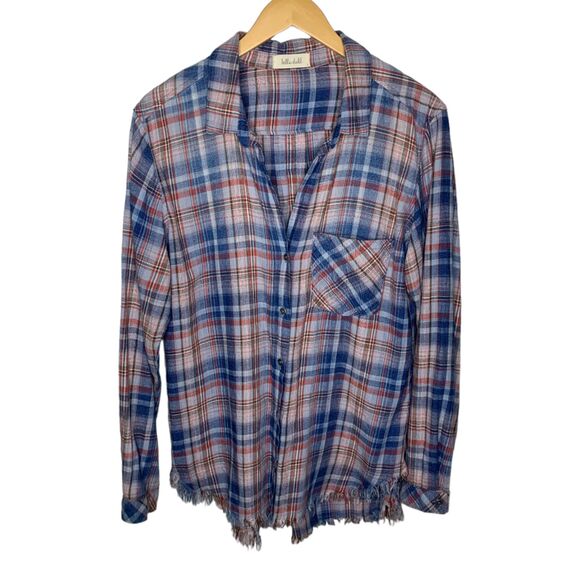 Bella Dahl button down plaid shirt frayed hem size large - Picture 2 of 7